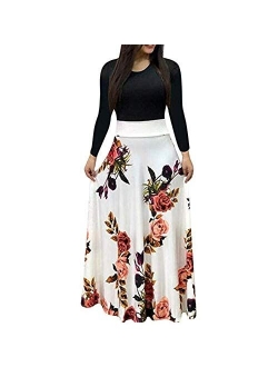 Aublary Womens Long Sleeve Maxi Dress Round Neck Floral Print Casual Tunic Long Maxi Dress