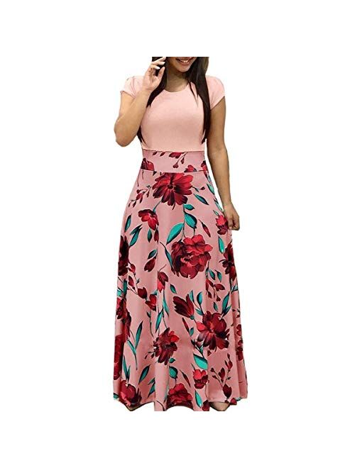 Aublary Womens Long Sleeve Maxi Dress Round Neck Floral Print Casual Tunic Long Maxi Dress