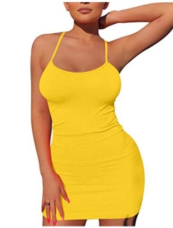 Mizoci Women's Basic Spaghetti Strap Tank Dress Sexy Sleeveless Bodycon Mini Club Dress