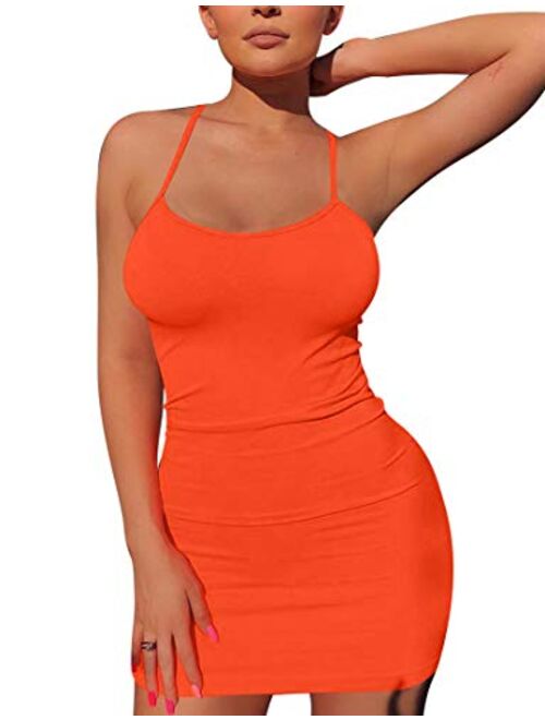 Mizoci Women's Basic Spaghetti Strap Tank Dress Sexy Sleeveless Bodycon Mini Club Dress