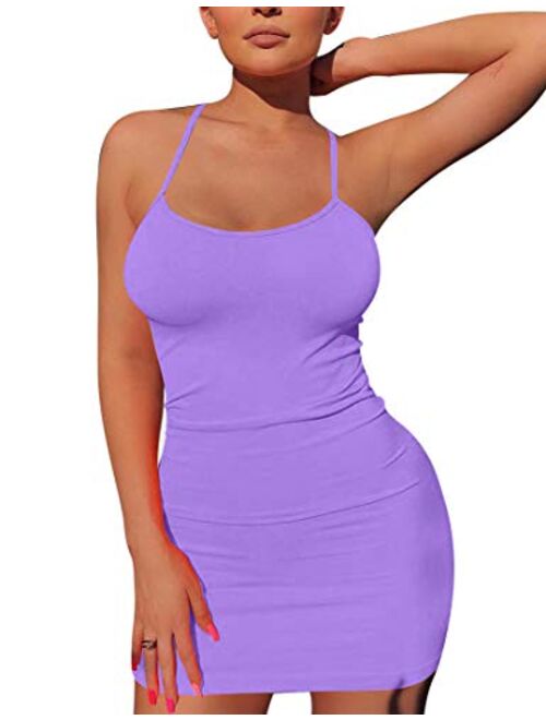 Mizoci Women's Basic Spaghetti Strap Tank Dress Sexy Sleeveless Bodycon Mini Club Dress