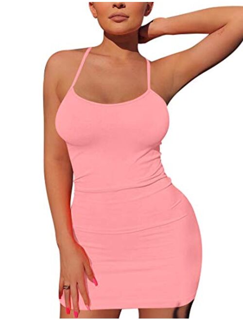 Mizoci Women's Basic Spaghetti Strap Tank Dress Sexy Sleeveless Bodycon Mini Club Dress