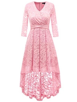 DRESSTELLS Women's Vintage Floral Lace 3/4 Sleeves Dress Hi-Lo Cocktail Party Swing Dress