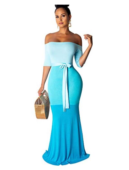 Womens Mermaid Long Maxi Dress - Off The Shoulder Triple Color Block Bodycon Dress