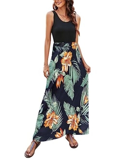 Bluetime Women's Summer Boho Sleeveless Floral Print Tank Long Maxi Dress (S-3XL)