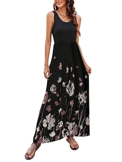 Bluetime Women's Summer Boho Sleeveless Floral Print Tank Long Maxi Dress (S-3XL)