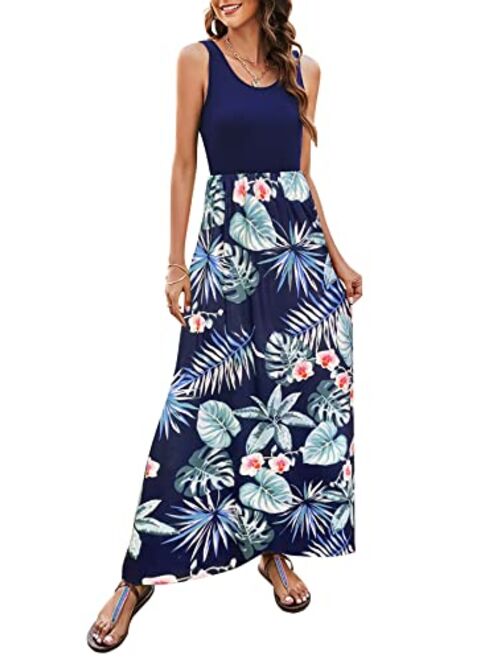 Bluetime Women's Summer Boho Sleeveless Floral Print Tank Long Maxi Dress (S-3XL)