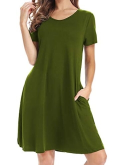 CakCton Women's Summer Dress Casual T-Shirt Loose Swing Dress with Pockets Knee Length