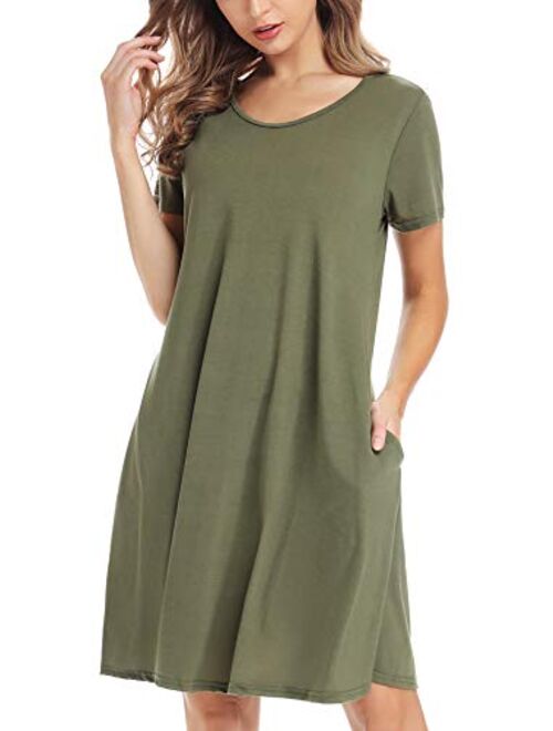 CakCton Women's Summer Dress Casual T-Shirt Loose Swing Dress with Pockets Knee Length