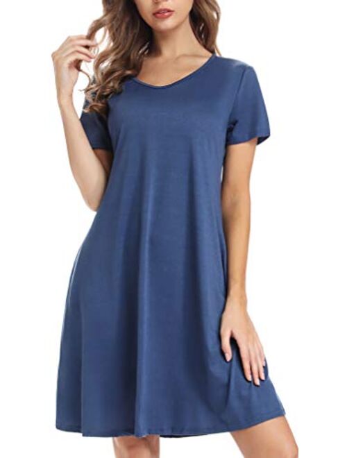 CakCton Women's Summer Dress Casual T-Shirt Loose Swing Dress with Pockets Knee Length