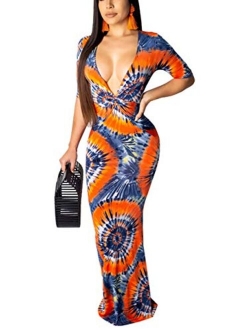 Women's Sexy Long Maxi Dresses Tropical Bodycon V Neck Short Sleeve Floor Length Party Mermaid Clubwear