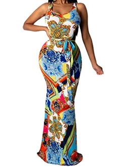 Women's Sexy Long Maxi Dresses Tropical Bodycon V Neck Short Sleeve Floor Length Party Mermaid Clubwear