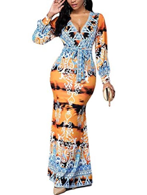 Women's Sexy Long Maxi Dresses Tropical Bodycon V Neck Short Sleeve Floor Length Party Mermaid Clubwear