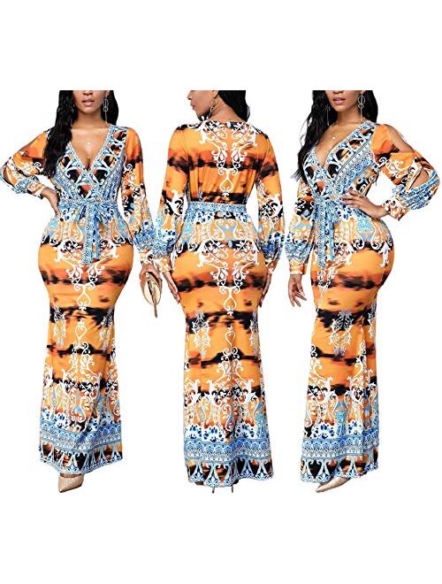 Women's Sexy Long Maxi Dresses Tropical Bodycon V Neck Short Sleeve Floor Length Party Mermaid Clubwear