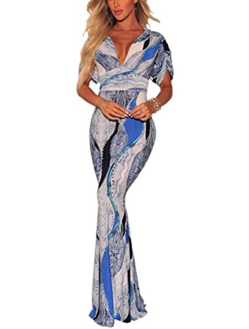 Women's Sexy Long Maxi Dresses Tropical Bodycon V Neck Short Sleeve Floor Length Party Mermaid Clubwear