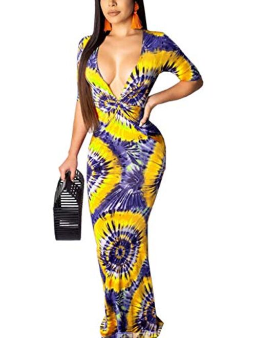 Women's Sexy Long Maxi Dresses Tropical Bodycon V Neck Short Sleeve Floor Length Party Mermaid Clubwear