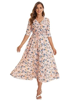 Women's Button Up Split Floral Print Beige Flowy Party Maxi Dress