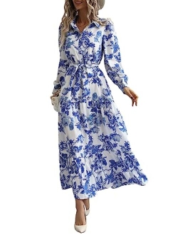 Women's Button Up Split Floral Print Beige Flowy Party Maxi Dress