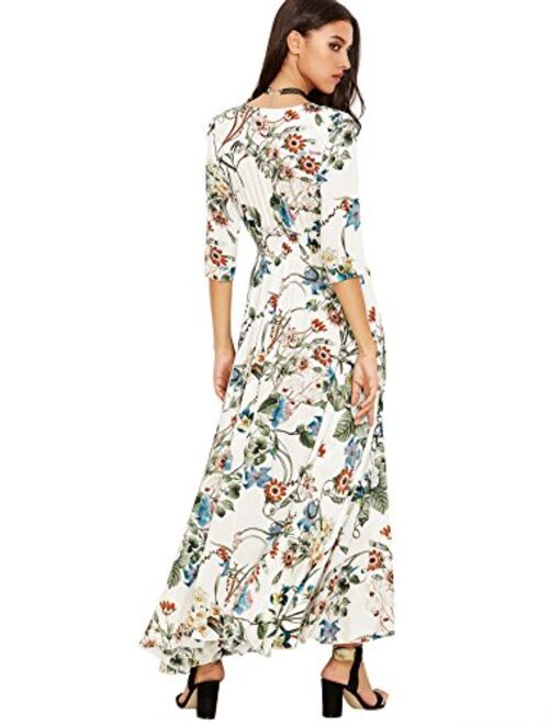 Milumia Women's Button Up Split Floral Print Beige Flowy Party Maxi Dress
