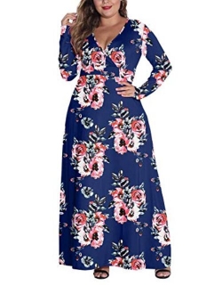 POSESHE Women's Solid V-Neck Long Sleeve Plus Size Evening Party Maxi Dress