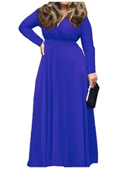 POSESHE Women's Solid V-Neck Long Sleeve Plus Size Evening Party Maxi Dress