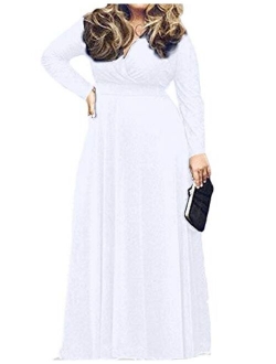 POSESHE Women's Solid V-Neck Long Sleeve Plus Size Evening Party Maxi Dress