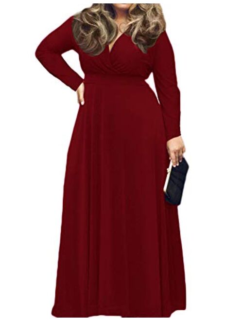 POSESHE Women's Solid V-Neck Long Sleeve Plus Size Evening Party Maxi Dress