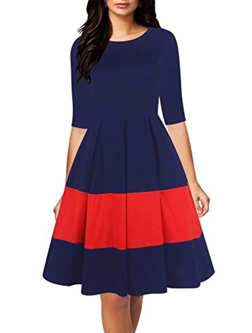 oxiuly Women's Vintage Half Sleeve O-Neck Contrast Casual Pockets Party Swing Dress OX253