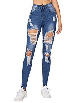 Women's Mid Waist Skinny Ripped Casual Denim Jeans Pants