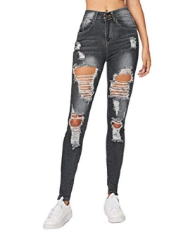 Women's Mid Waist Skinny Ripped Casual Denim Jeans Pants