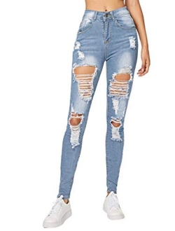 Women's Mid Waist Skinny Ripped Casual Denim Jeans Pants