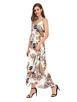 GloryStar Women Strapless Floral Print Bohemian Boho Maxi Dress Casual Off Shoulder Beach Party Dress with Pockets