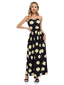 GloryStar Women Strapless Floral Print Bohemian Boho Maxi Dress Casual Off Shoulder Beach Party Dress with Pockets