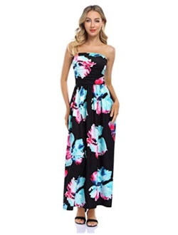 GloryStar Women Strapless Floral Print Bohemian Boho Maxi Dress Casual Off Shoulder Beach Party Dress with Pockets