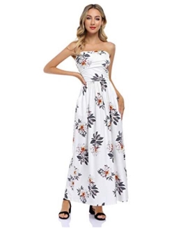 GloryStar Women Strapless Floral Print Bohemian Boho Maxi Dress Casual Off Shoulder Beach Party Dress with Pockets