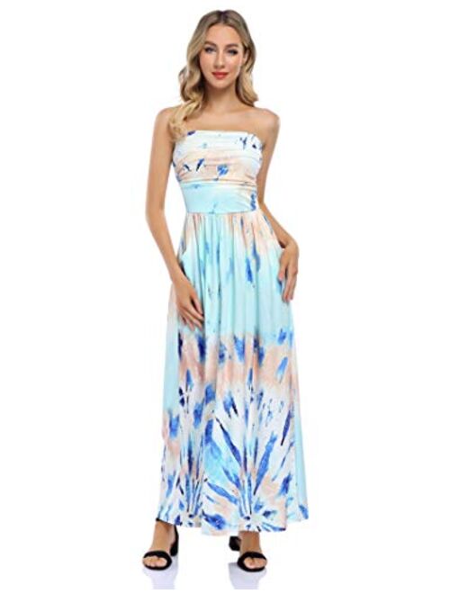 GloryStar Women Strapless Floral Print Bohemian Boho Maxi Dress Casual Off Shoulder Beach Party Dress with Pockets