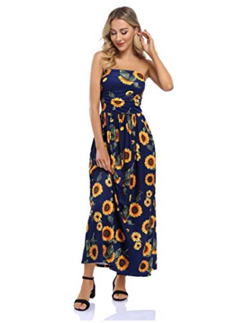 GloryStar Women Strapless Floral Print Bohemian Boho Maxi Dress Casual Off Shoulder Beach Party Dress with Pockets