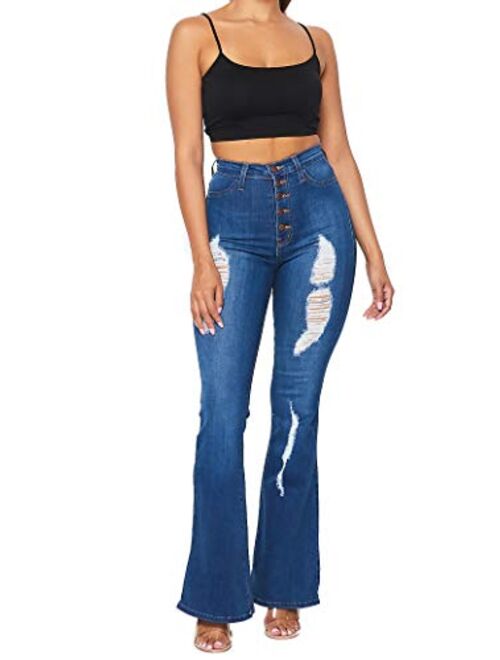 Vibrant Women's Juniors High Rise Button Fly Flare Jeans