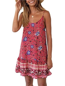 Womens Boho Beach Dress - Floral Spaghetti Strap Sleeveless V Neck A line Swing Casual Sundress Beachwear