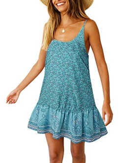 Womens Boho Beach Dress - Floral Spaghetti Strap Sleeveless V Neck A line Swing Casual Sundress Beachwear