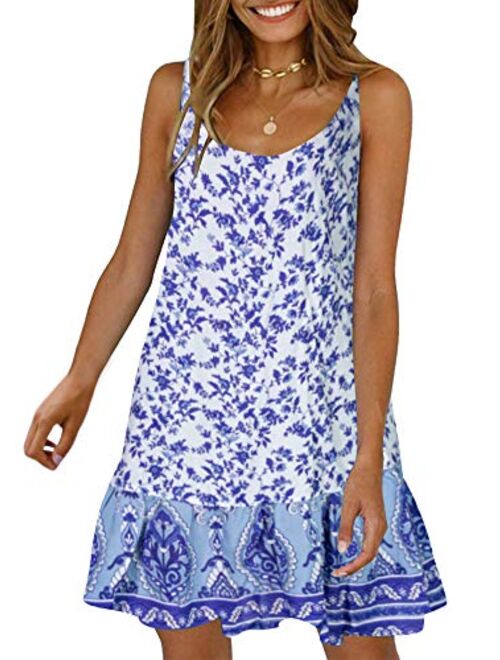 Womens Boho Beach Dress - Floral Spaghetti Strap Sleeveless V Neck A line Swing Casual Sundress Beachwear