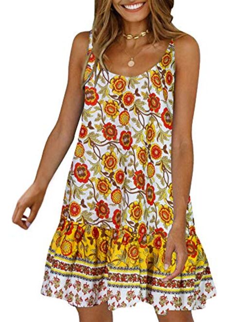 Womens Boho Beach Dress - Floral Spaghetti Strap Sleeveless V Neck A line Swing Casual Sundress Beachwear