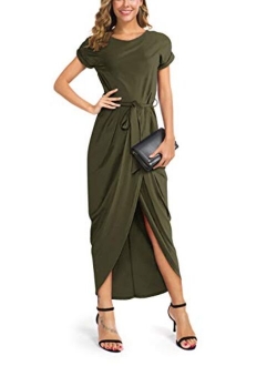 Women's Short Sleeve Summer Dresses Elastic Waist Slit Casual Long Maxi Dress with Belt