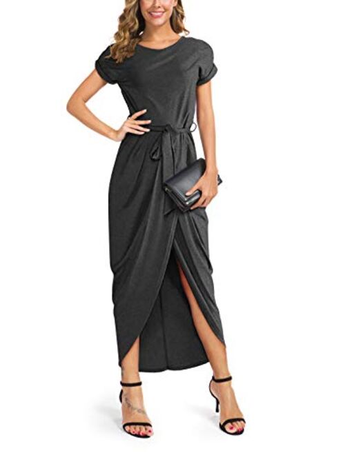 GRECERELLE Women's Short Sleeve Summer Dresses Elastic Waist Slit Casual Long Maxi Dress with Belt