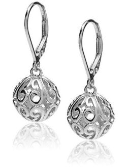 Plated Sterling Silver Filigree Ball Leverback Dangle Earrings