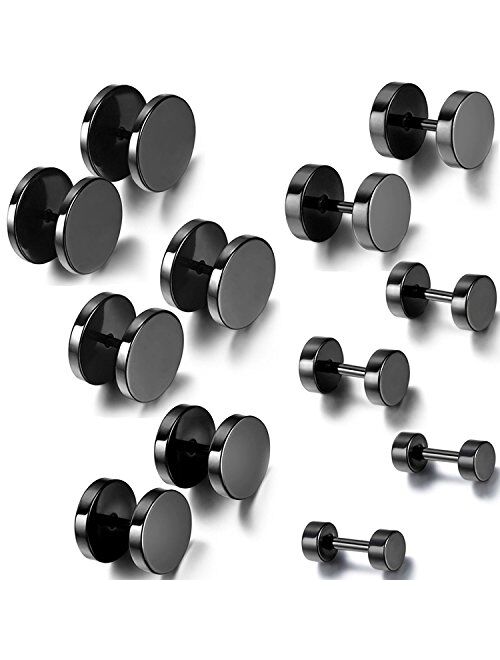 Aroncent 12PCS 6 Pairs 4-14mm Stainless Steel Black Stud Earrings Set Faux Fake Gauges Earrings Fake Ear Plugs Earrings