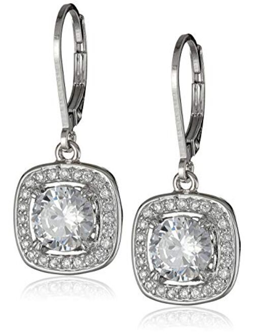 Sterling Silver Cubic Zirconia Round-Cut Halo Drop Leverback Earrings (3 cttw)