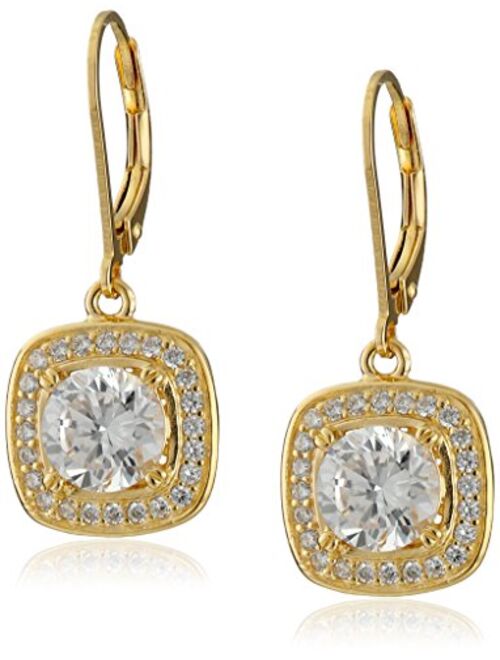 Sterling Silver Cubic Zirconia Round-Cut Halo Drop Leverback Earrings (3 cttw)