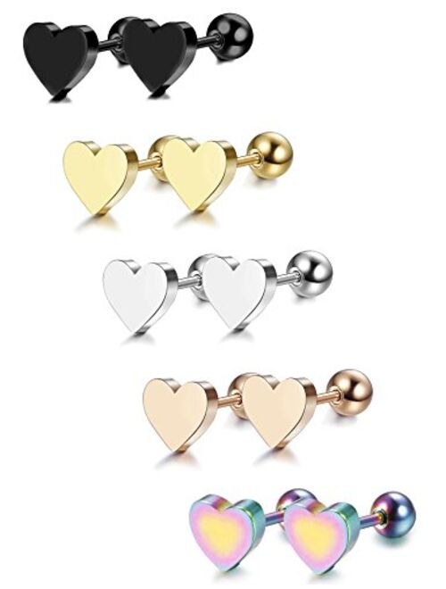 LOYALLOOK 5-6 Pairs Stainless Steel Heart Stud Earrings Barbell Piercing Studs for Women Men