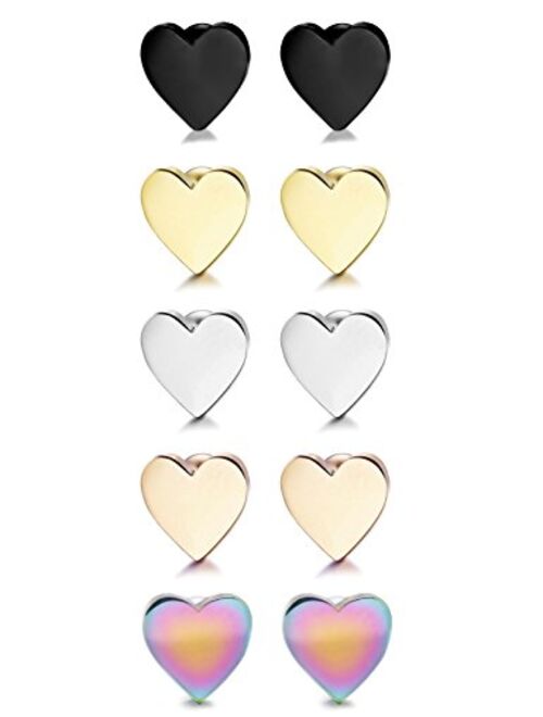 LOYALLOOK 5-6 Pairs Stainless Steel Heart Stud Earrings Barbell Piercing Studs for Women Men